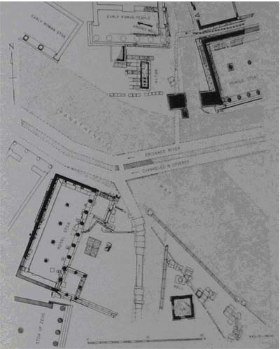 Εικόνα 12: Ο Ηριδανός στη ΒΔ γωνία της αρχαίας Αγοράς και η σύνδεση του Κεντρικού Αγωγού» με αυτόν. Shear 1984, fig.3. (Από το Ammerman 1996, 701)