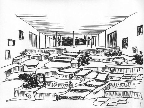 Σχέδιο της μεγάλης αίθουσας Συμποσίων. Πηγή: Αρχείο Κωνσταντίνου Α. Δοξιάδη
© Ίδρυμα Κωνσταντίνου και Εμμάς Δοξιάδη