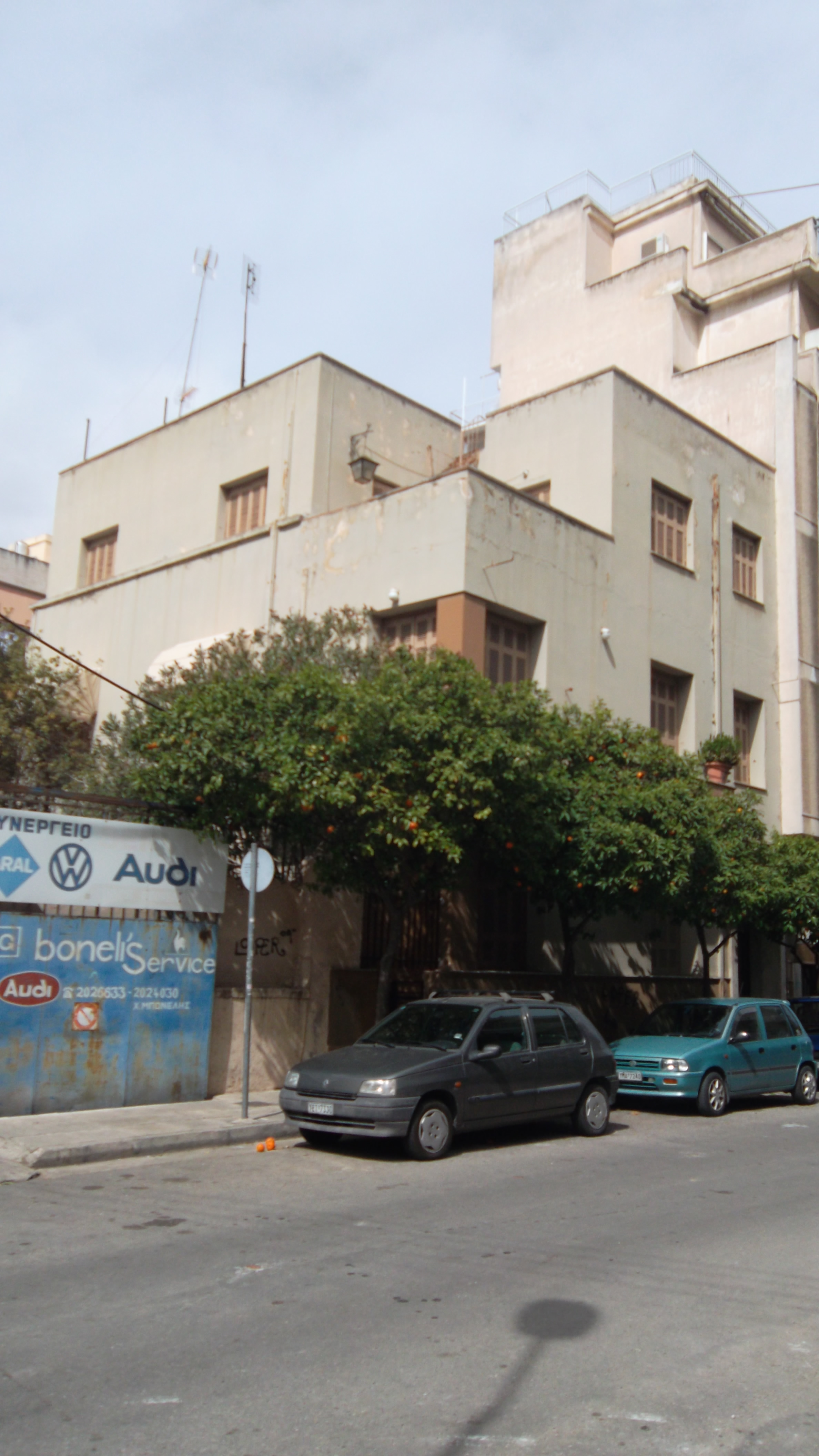 Α corner view of the building from the opposite side of the street