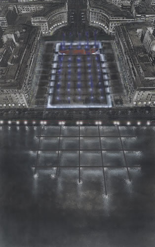 Εικ.4 Νικηφορίδης, Κουόμο, Ταράνη. Α΄ βραβείο Διεθνούς Αρχιτεκτονικού Διαγωνισμού για τον Ανασχεδιασμό του Μνημειακού Άξονα της Αριστοτέλους (1997). Άποψη της πλατείας από τον αέρα με τις προτεινόμενες παρεμβάσεις (ευγενική παραχώρηση Π. Νικηφορίδη).