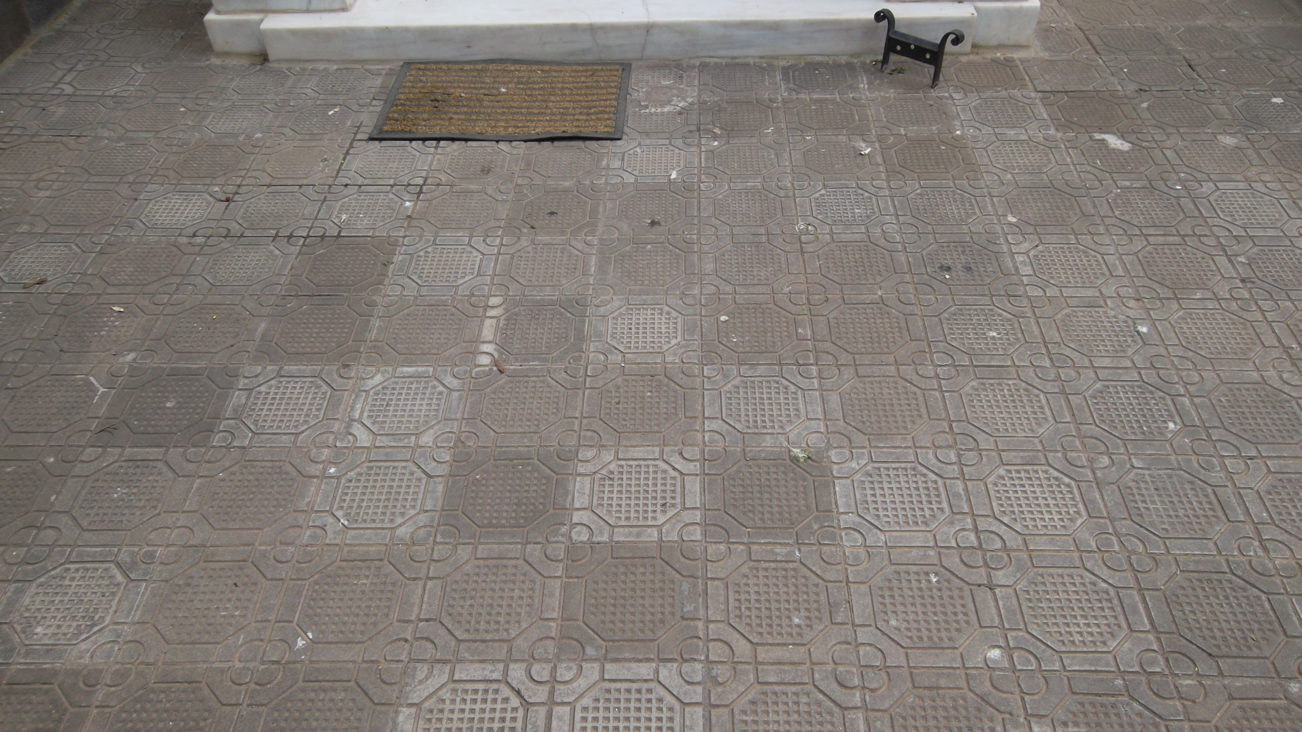 Relief concrete tiles of the yard. Metallic shoe scraper.