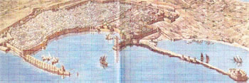 Η μεσαιωνική πόλη στις αρχές του 16ου αιώνα.
Πηγή: Οι ιππότες της Ρόδου. Το παλάτι και η πόλη.