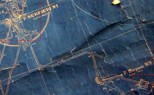 Μεταλλευτικός χάρτης της Γαλλικής Εταιρείας Μεταλλείων Λαυρίου όπου διακρίνεται το Φρέαρ Σερπιέρι Νο1, το κτήριο του θυρωρείου και η κύρια στοά καθόδου των μεταλλωρύχων (Πηγή: Συλλογή Μ. Μαρκουλή).