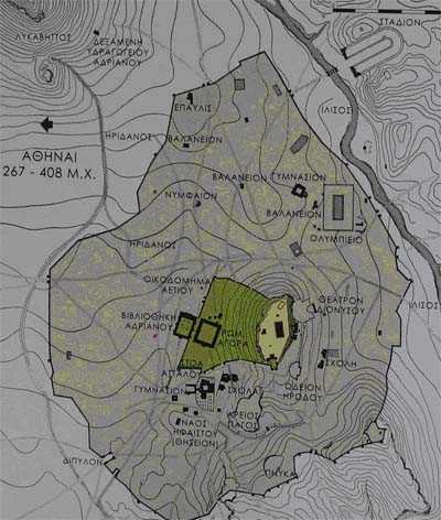 Εικόνα 1: Η πορεία του Ηριδανού μέσα από την αρχαία πόλη. (Χάρτης αναρτημένος στο σταθμό ΜΕΤΡΟ στο Μοναστηράκι).