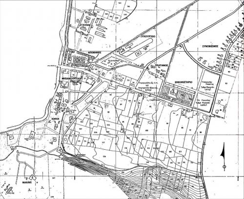 Εικ. 1 Τοπογραφικό διάγραμμα του αγροτοβιομηχανικού συγκροτήματος, όπου διακρίνεται και το συγκρότημα των "Κήπων" - έτoς σύνταξης: 1957. Πηγή: Mαϊστρου, Καραθανάση, Γραφάκου, Κλεογένη, Μπέλλου (2002), σ. 20