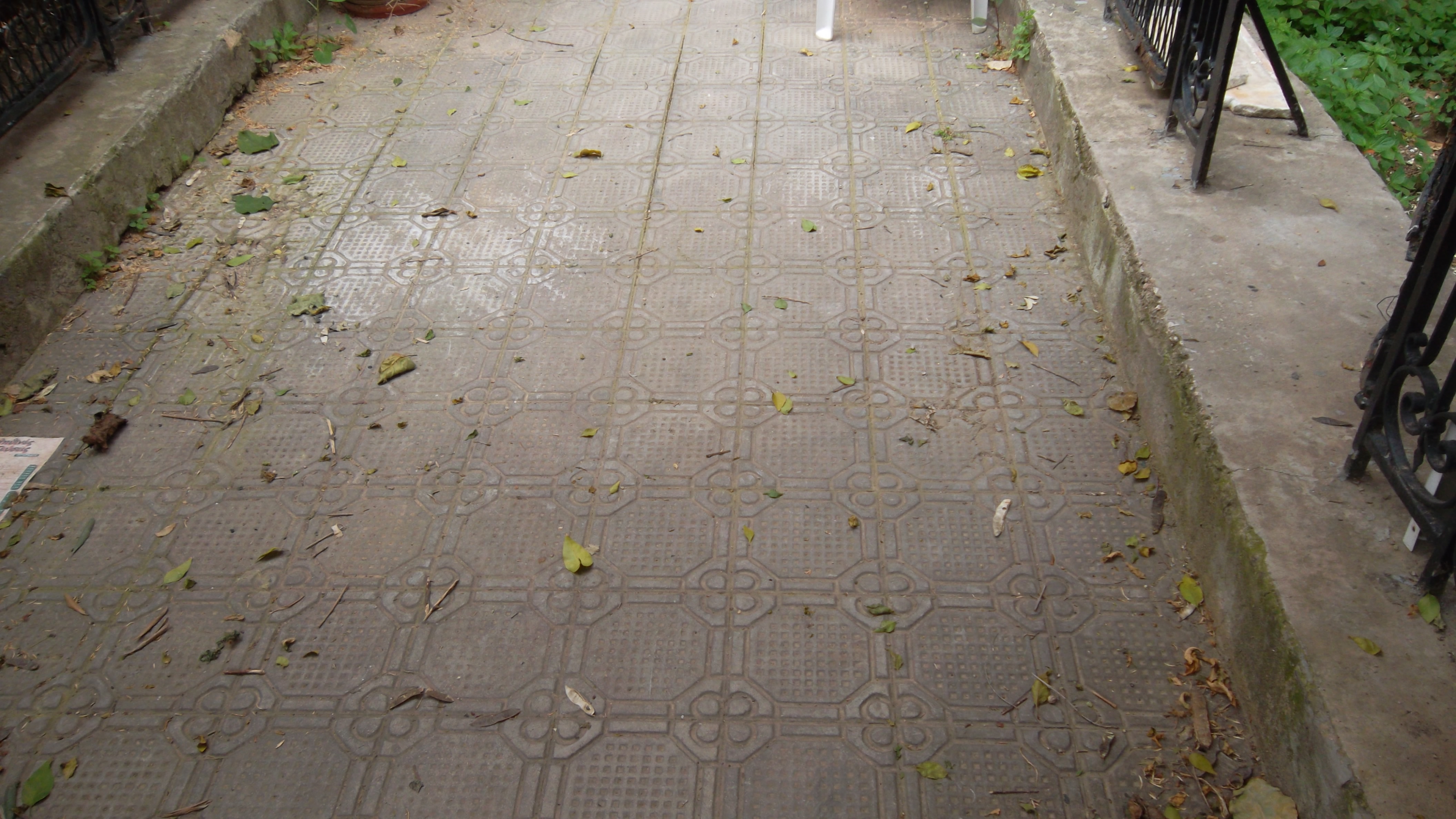 Paved yard with relief concrete tiles.